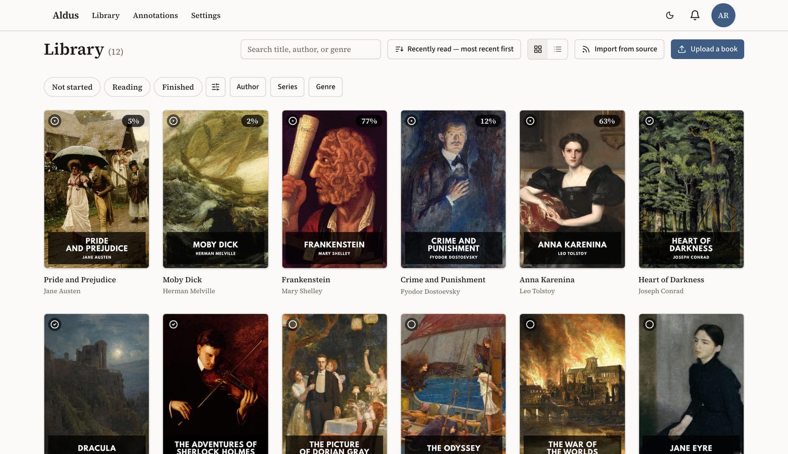The library, a few books in — covers, reading state, and everything searchable.