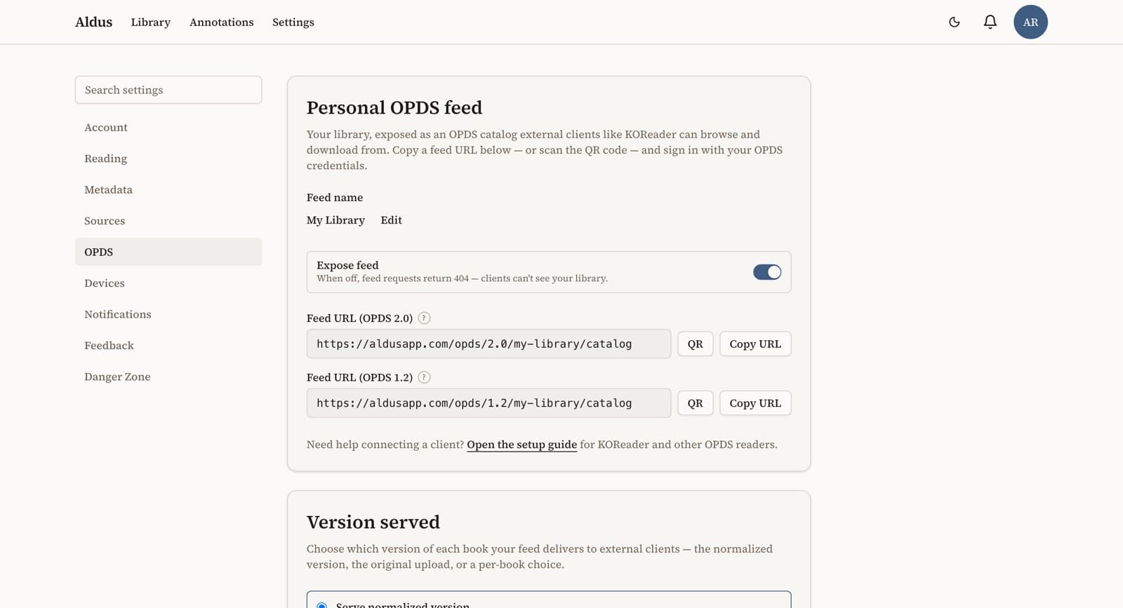 Your personal OPDS feed, in settings.